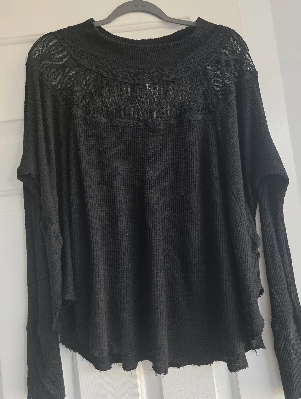 Free People Black Knit Lace Yoke Long-sleeve Top